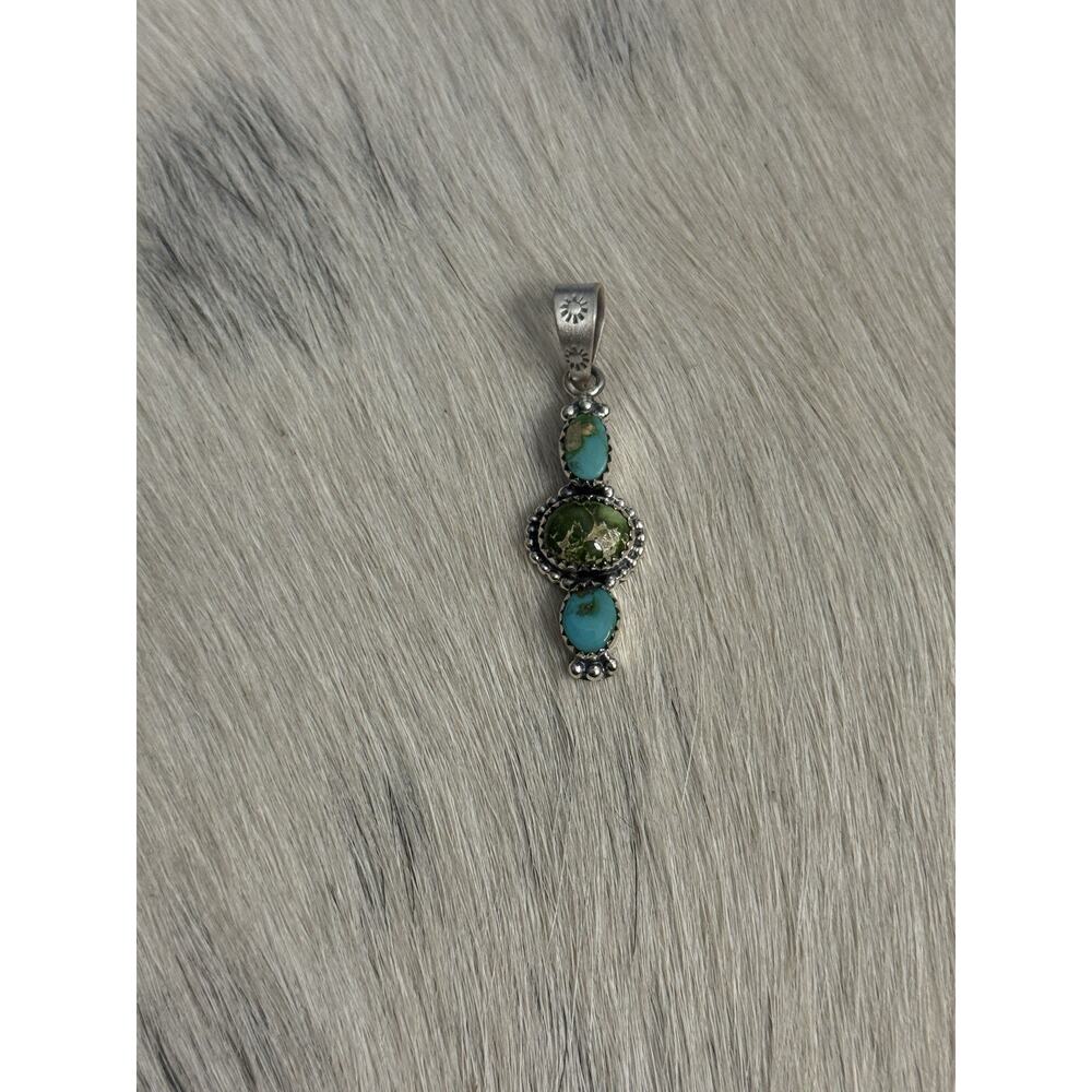 Sterling Silver Blue Green Sonoran Gold Turquoise 3 Stone Pendant 925 Stamp Bail - Picture 8 of 8